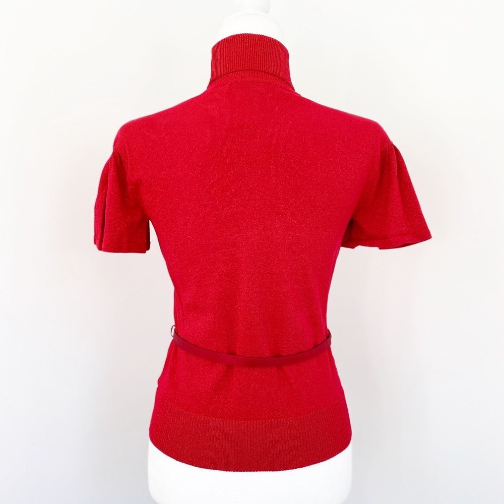 Metallic Red Turtleneck Flutter Sleeve Belted Top - image 2